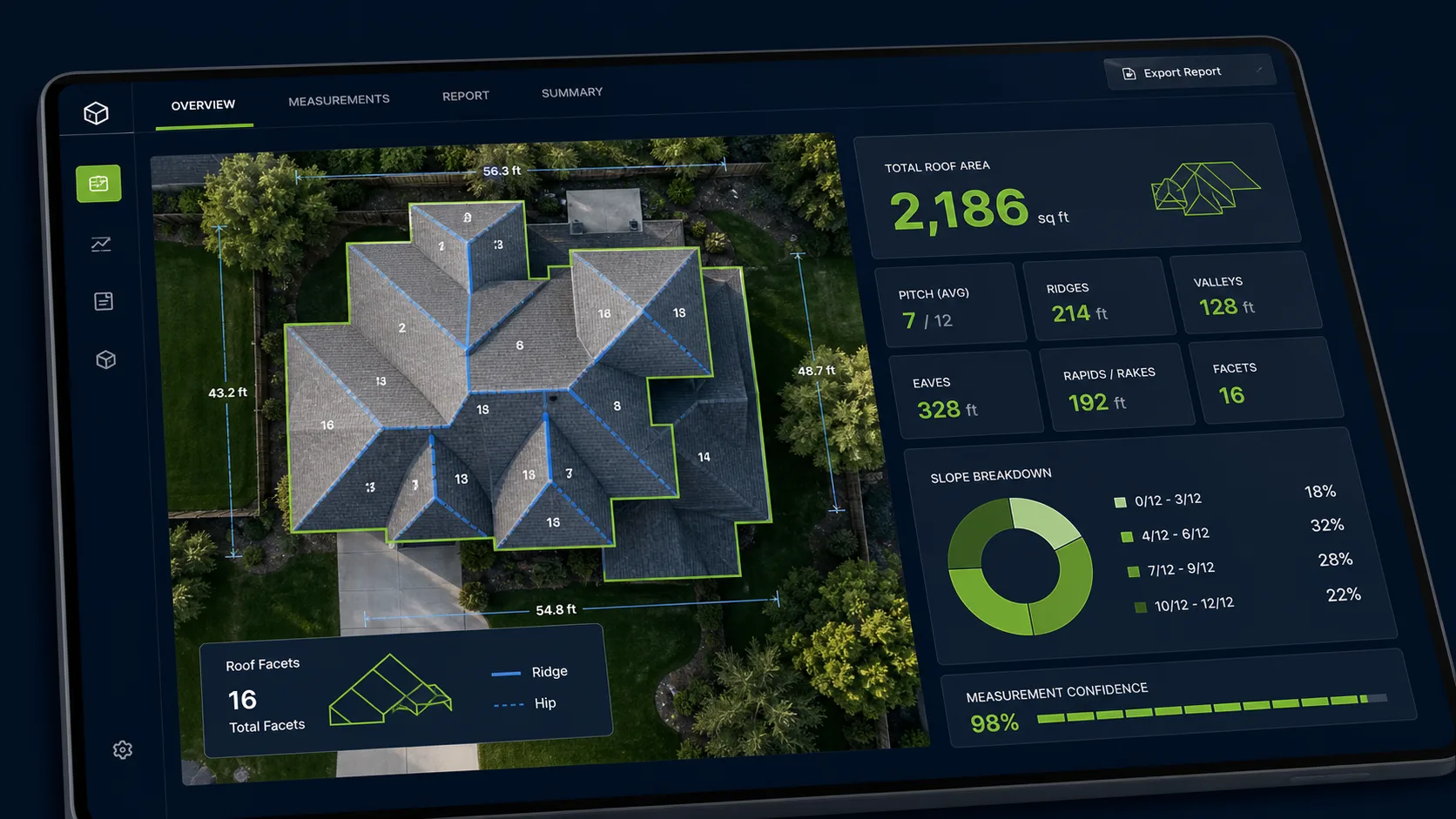 Example instant roof measurement report with aerial roof outlines and measurement data
