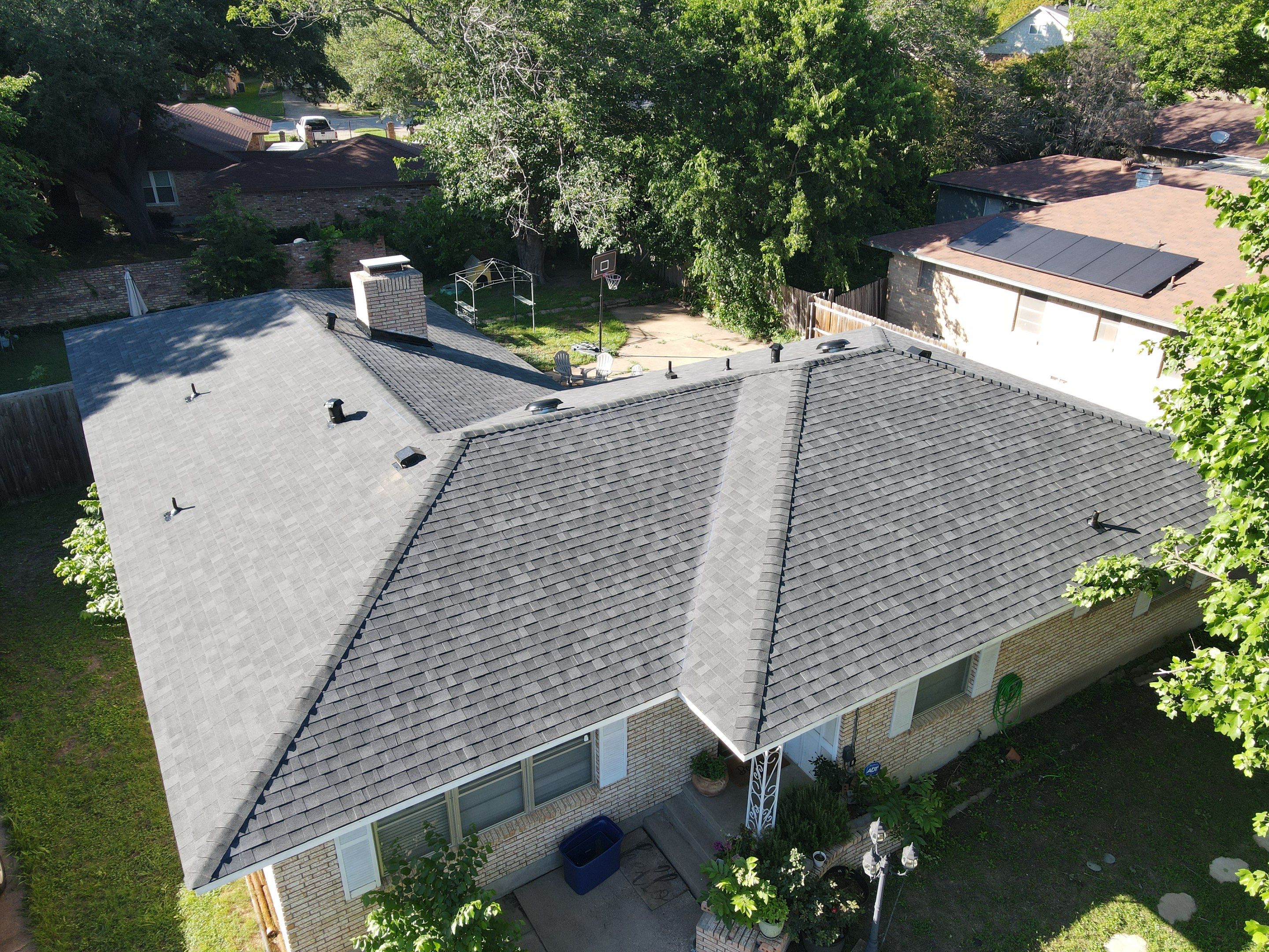 Aerial view of a Shingle Haus roofing project